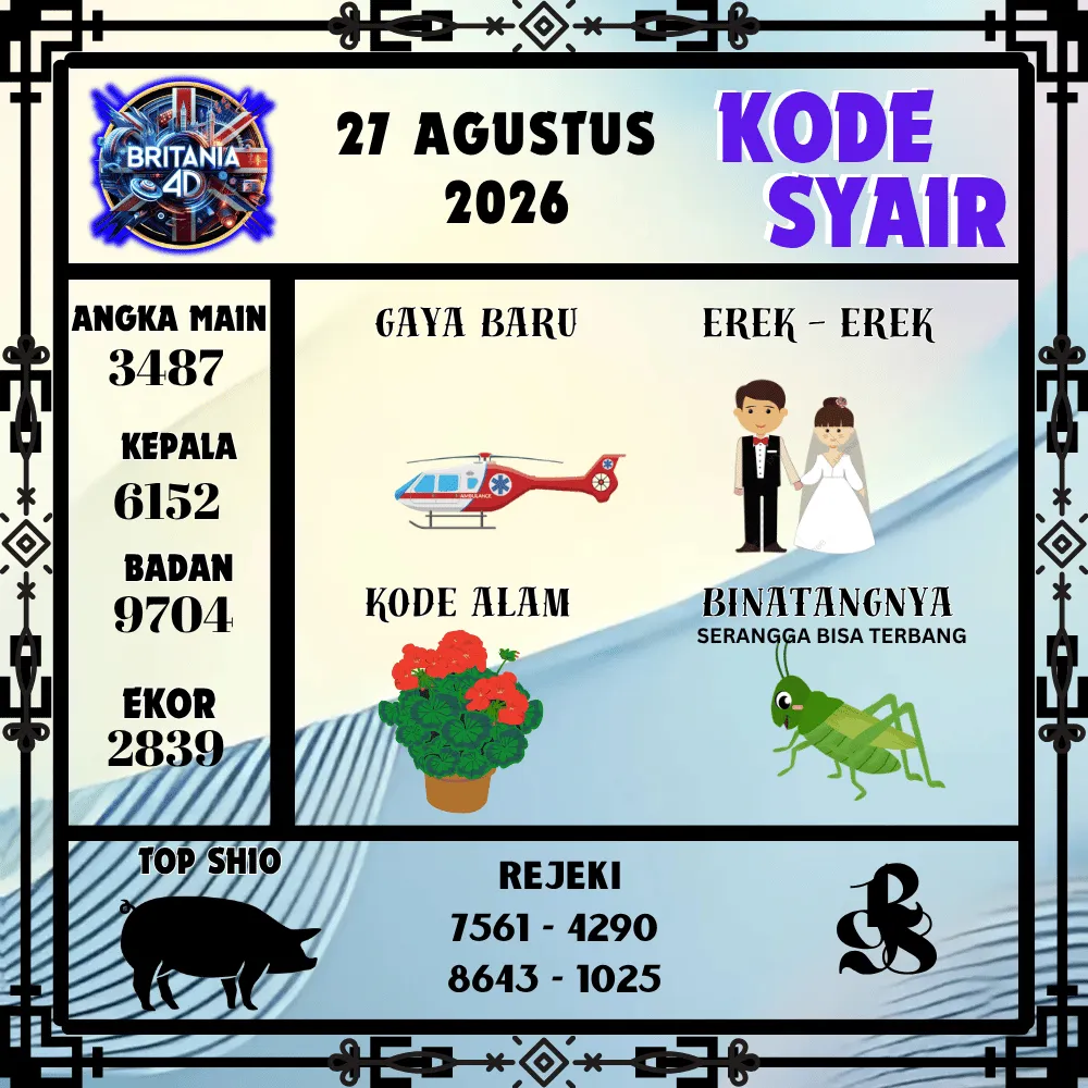 Kode Syair Britania4D  Pools - Agustus 2026
