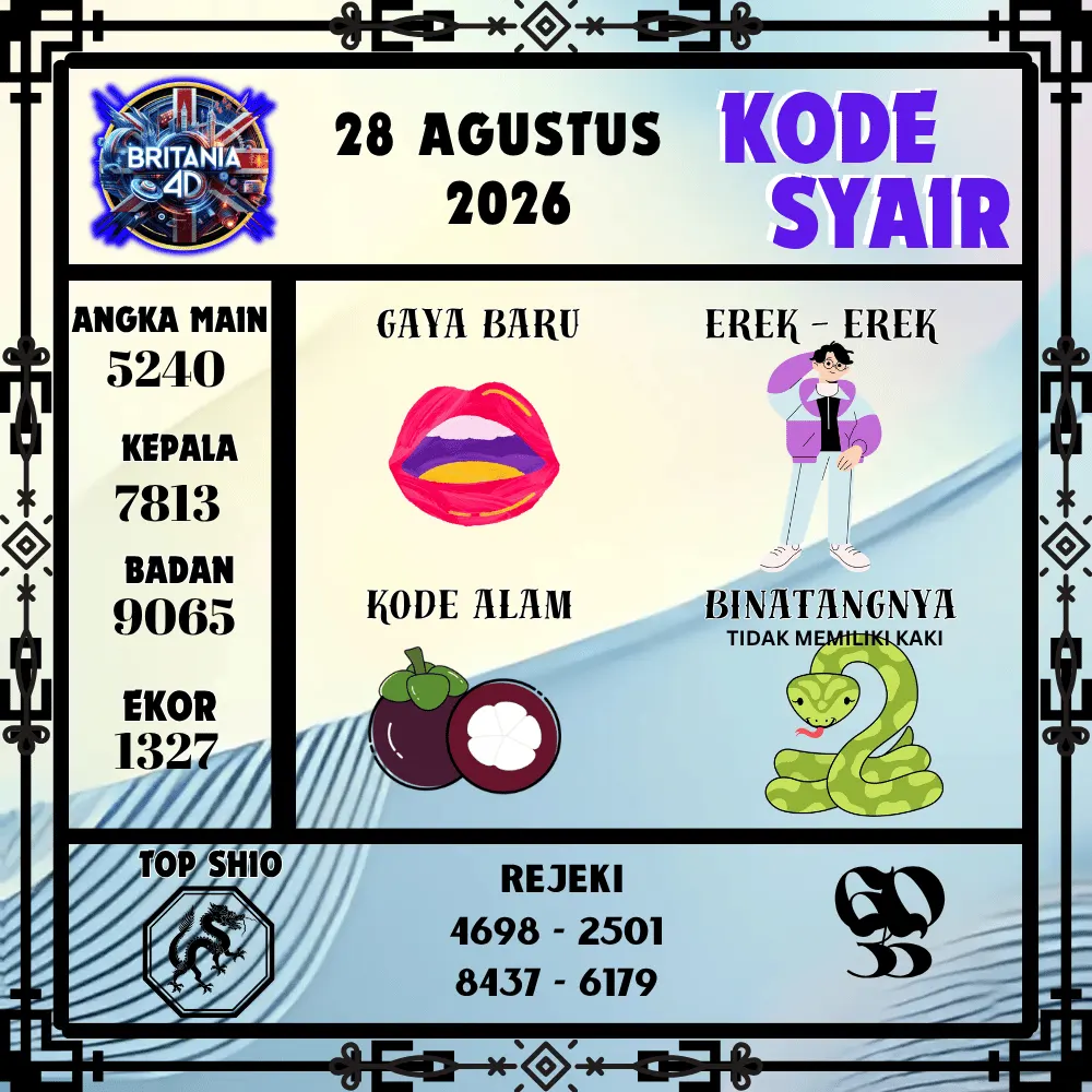Kode Syair Britania4D  Pools - Agustus 2026
