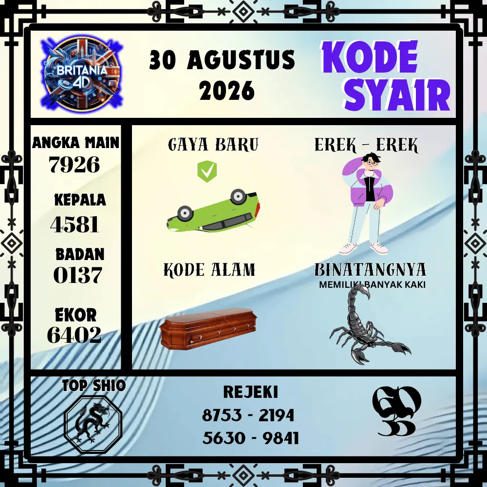 Kode Syair Britania4D  Pools - Agustus 2026
