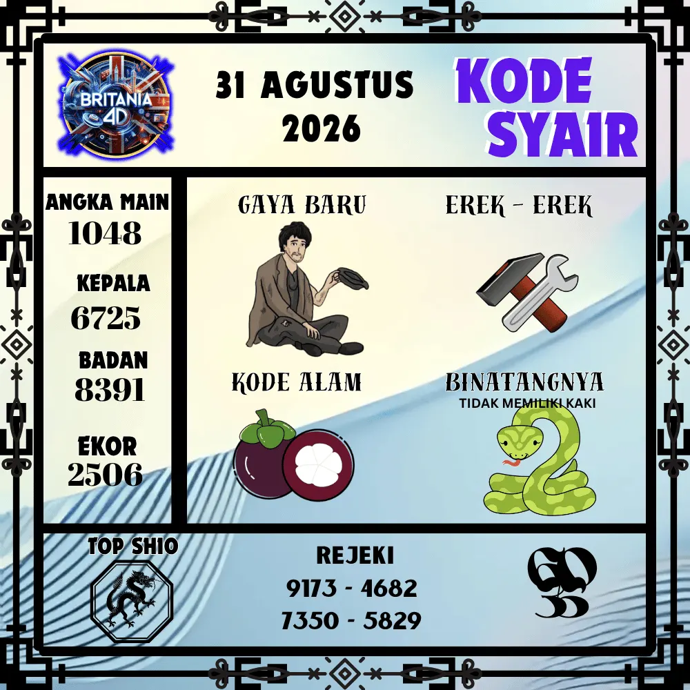 Kode Syair Britania4D  Pools - Agustus 2026
