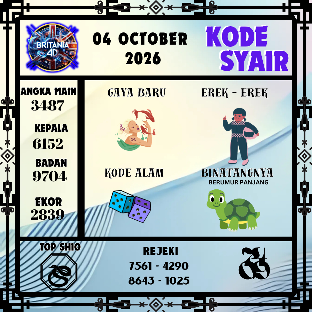 Kode Syair Britania4D Pools 04 Oktober 2026